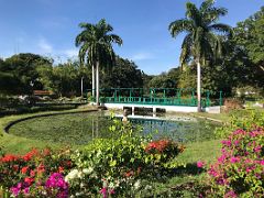 07B An idyllic scene with a lily pond, palm trees, colourful flowers and a green painted bridge in the Chinese Garden Royal Botanical Hope Gardens Kingston Jamaica
